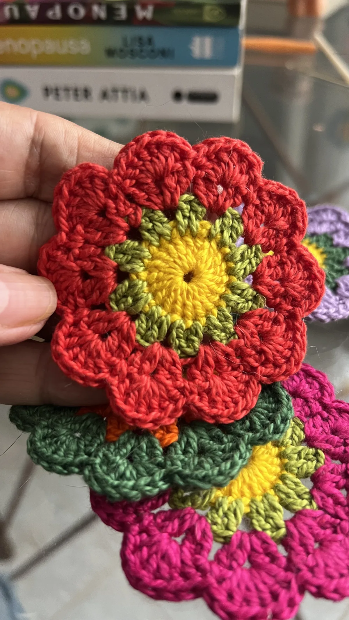 Mão segurando uma flor de crochê vermelha em detalhe